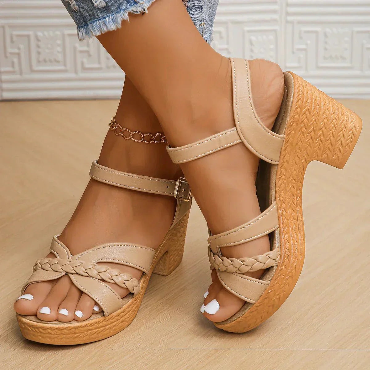 Braided Strap Block Heel Sandals