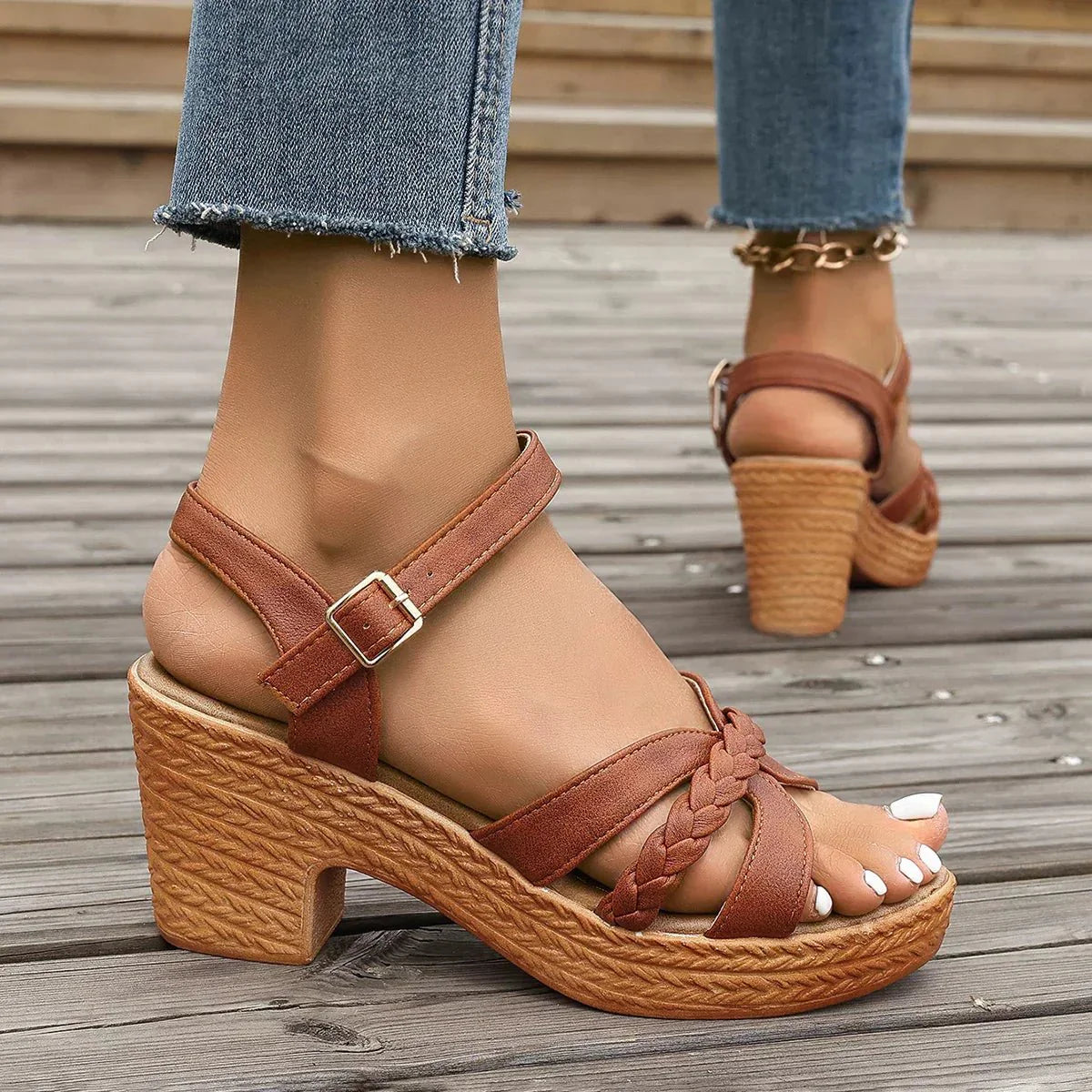 Braided Strap Block Heel Sandals